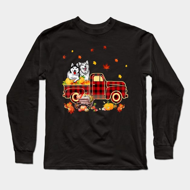 Husky Pumpkin Truck Fall Leaf Thanksgiving Halloween Long Sleeve T-Shirt by JaydeMargulies